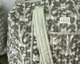 Weekend bag or travel bag in quilted blockprint cotton, women's diaper bag in sage green khaki Indian floral fabric, handmade