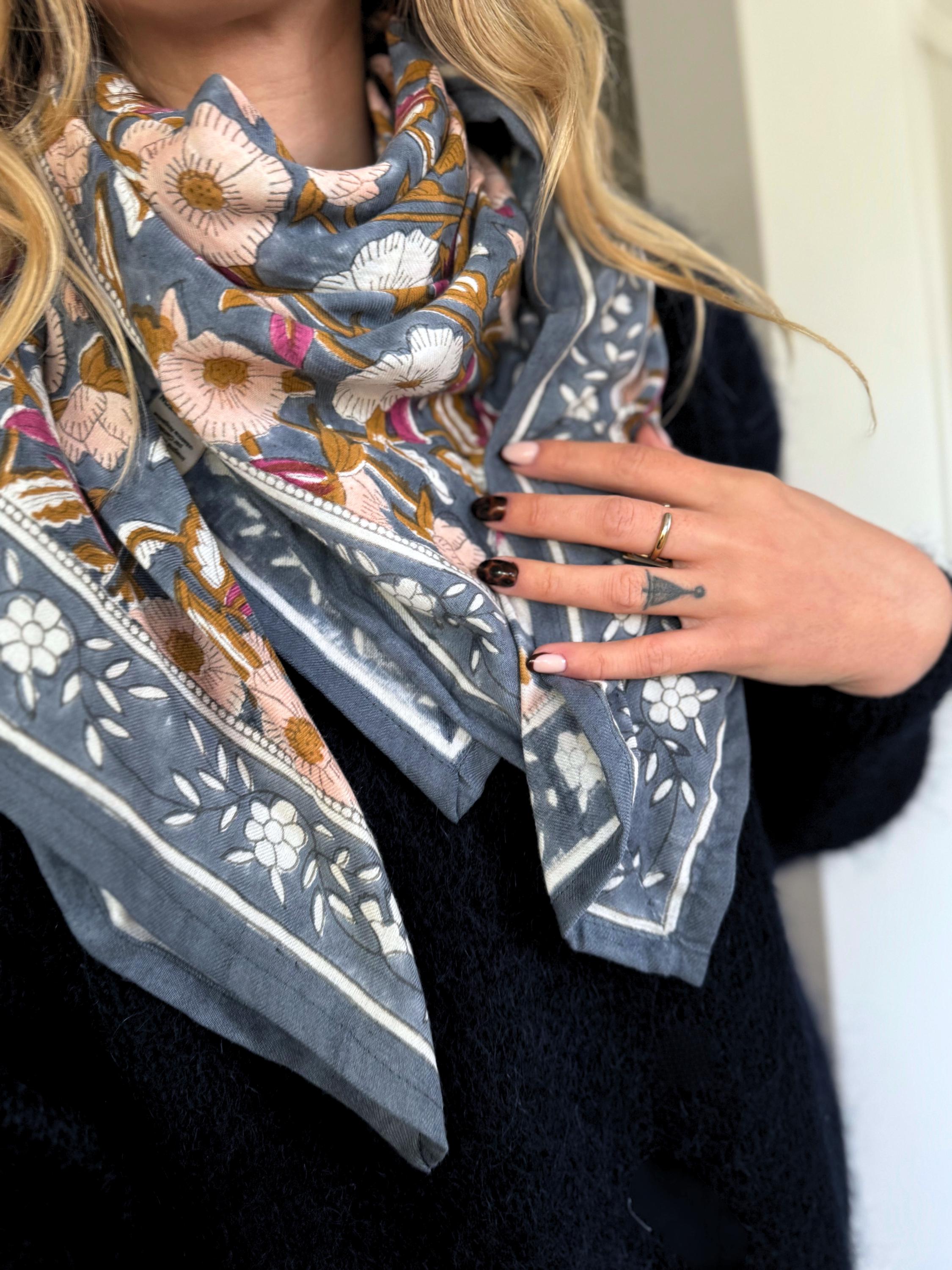 Foulard Carré En Voile De Coton - Impression Block Print Artisanale - 75x75 Cm - Vert Et Jaune - Style Cheich Léger - 7