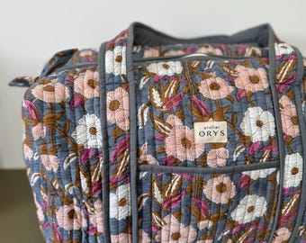 Quilted cotton blockprint diaper bag or travel bag, women's weekend bag in dark blue and pink floral print fabric, handmade