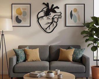 Anatomisch hart metalen muurkunst, menselijk hart stalen silhouet, medisch student cadeau, dokterspraktijk decor, macabere wanddecoratie
