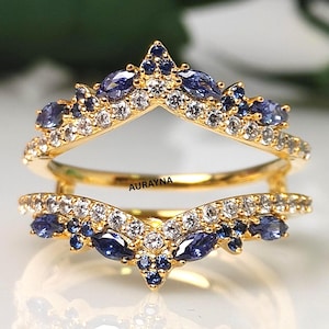 3/4 kt blauwe saffierring tiara ringversterker, september geboortesteen wrap ringbeschermer, 18 kt goud vermeil bruidsring jasje verjaardagscadeau