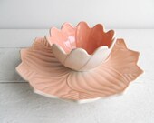 Vintage Fire King Peach Blossom Bowl Leaf Plate - Pink on White Milk Glass Snack Set