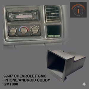 May include: Black iPhone/Android cubby for 99-07 Chevrolet GMC GMT800 trucks. The cubby is designed to fit in the dashboard. The image also shows the dashboard with a Pioneer radio and air conditioning controls. The text on the image says "Incendiary Concepts".