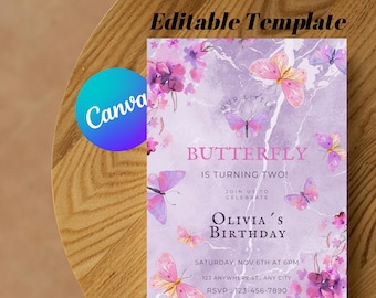 Mädchen Schmetterling Geburtstagseinladung - Bearbeitbare Canva Vorlage, Sofort Download