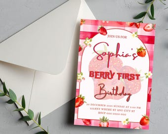 First Birthday Invitation Card | Berry Theme | Editable Canva Template for Instant Download