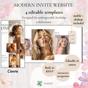 May include: A digital product display featuring four editable website templates for birthday celebrations. The layout includes text reading MODERN INVITE WEBSITE, 4 editable templates, mobile + desktop included, Editable in canva, Built in RSVP, and interactive navigations, alongside photographic portraits of a person.