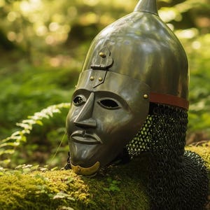 Op de afbeelding: Een bronzen middeleeuwse helm met een gezichtsmasker, klinknagels en een maliënkolder nekbescherming. De helm rust op groen mos, met een vage bosachtergrond.