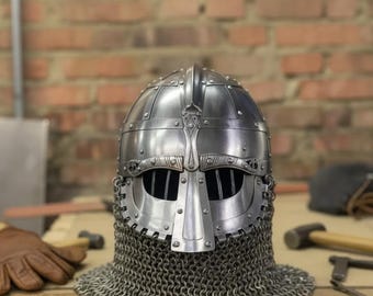 Viking Gjermundbu Helmet with Chainmail Aventail  Handcrafted Medieval Norse Warrior Armor, Authentic Replica for LARP & Display Medieval