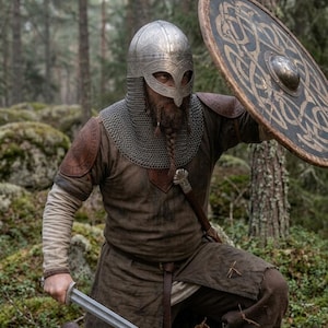 May include: A warrior wearing a silver metal helmet with intricate engravings and a chainmail aventail, a brown tunic with leather shoulder guards, and dark trousers. The warrior holds a round wooden shield with gold knotwork and a steel sword.