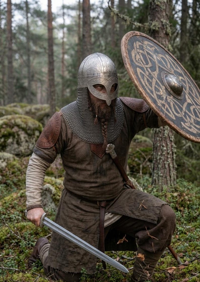 May include: A warrior wearing a silver metal helmet with intricate engravings and a chainmail aventail, a brown tunic with leather shoulder guards, and dark trousers. The warrior holds a round wooden shield with gold knotwork and a steel sword.