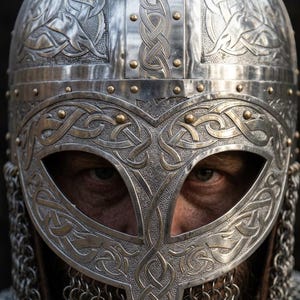 May include: A silver-toned metal helmet featuring intricate embossed Celtic knotwork patterns and small brass-colored rivets. The helmet includes a protective face guard with a central opening and a chainmail aventail covering the neck area.