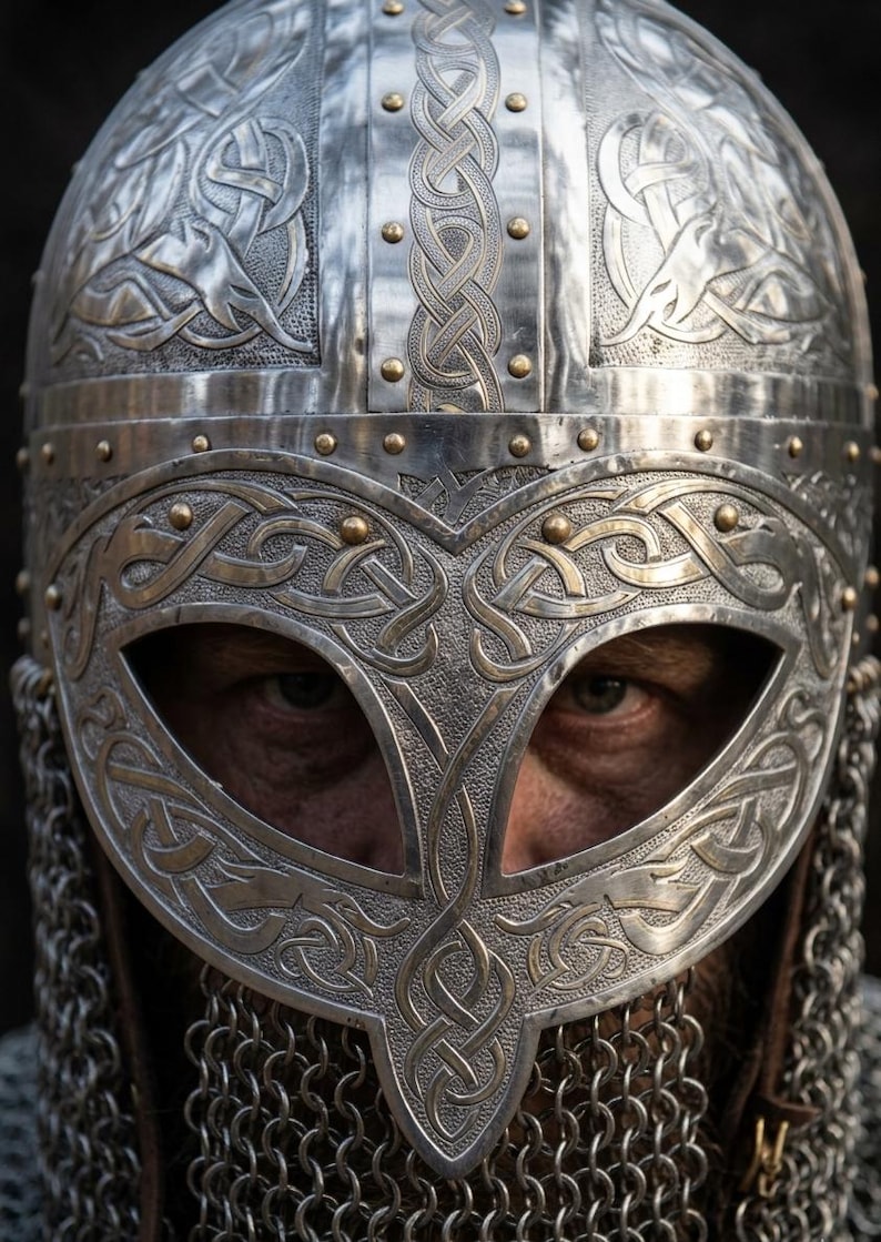 May include: A silver-toned metal helmet featuring intricate embossed Celtic knotwork patterns and small brass-colored rivets. The helmet includes a protective face guard with a central opening and a chainmail aventail covering the neck area.
