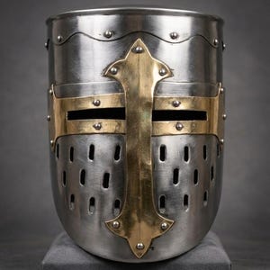 Op de afbeelding: Een zilverkleurige metalen helm met een goudkleurig kruisontwerp aan de voorkant. De helm heeft een afgeronde vorm met ventilatiegaten en een gouden band over het gezicht. Een historisch item.