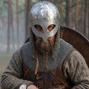 May include: A silver metal helmet with intricate engraved knotwork patterns, featuring a protective nose guard and a chainmail aventail. The armor includes a brown leather vest, a textured grey wool tunic, and a metal bracer with embossed designs.