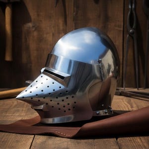 May include: A shiny, silver-coloured medieval helmet with a pointed visor and ventilation holes. The helmet rests on a brown leather surface, with a wooden background and blacksmith tools visible.