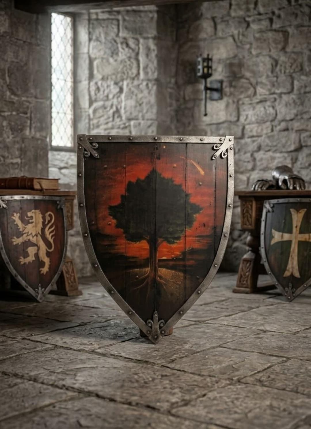 Rustic Shield Medieval Wooden Shield With Tree of Life Art Viking Wall Decor Fantasy ...