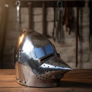 May include: A shiny, silver-coloured medieval helmet with a pointed visor and small ventilation holes. The metal helmet sits on a wooden surface. The helmet is a historical item, reflecting the light. The helmet is a historical item.