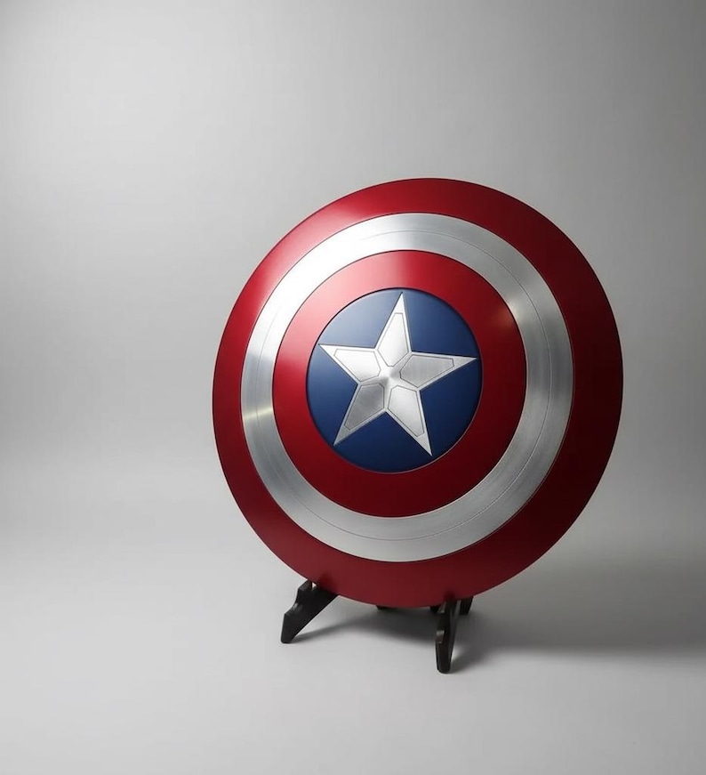 May include: A red, white, and blue shield with a silver star in the center. The shield is round and has concentric circles of red, silver, and red. The center is blue with a silver star. The shield is on a black stand.