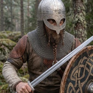 May include: A silver metal helmet with intricate engravings and a nose guard, paired with a chainmail aventail. The armor includes brown leather shoulder pauldrons with embossed runic patterns, a steel sword with a patterned blade, and a round wooden shield.