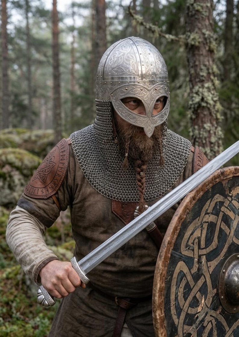 May include: A silver metal helmet with intricate engravings and a nose guard, paired with a chainmail aventail. The armor includes brown leather shoulder pauldrons with embossed runic patterns, a steel sword with a patterned blade, and a round wooden shield.