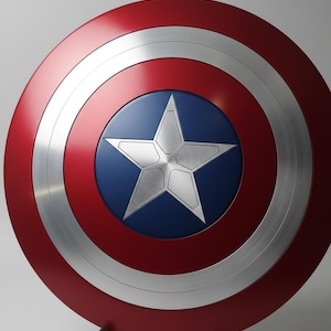 May include: A round shield with a red outer ring, a silver inner ring, and a blue center. A silver star is in the center of the blue circle. The shield is a replica of Captain America's shield.