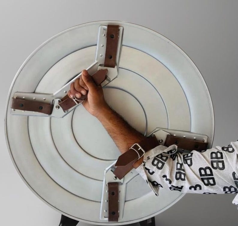 May include: A silver and white shield with brown leather straps and metal supports. The shield has a circular design with concentric rings and is held by a person's arm. The shield is a prop or costume accessory.