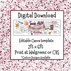 Puede incluir: Una plantilla de Canva editable de descarga digital que mide 61cm x 183cm. El diseño presenta texto granate que dice Texas A&M University Ring Dunk Ashley Class of '27, con gráficos de una jarra de cerveza, pulgar arriba, botas y balón.