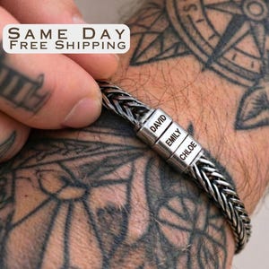 Personalized Mens Bracelet, Husband Gift, Stainless Steel Bracelet For Dad With Kids Name, Family Name Bracelet, Personalize Daddy Bracelet