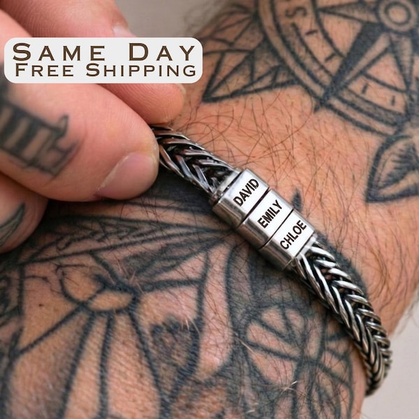 Personalized Mens Bracelet, Husband Gift, Stainless Steel Bracelet For Dad With Kids Name, Family Name Bracelet, Personalize Daddy Bracelet