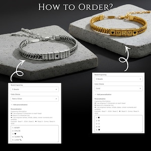 May include: Two personalized bracelets, one silver and one gold, displayed on gray blocks. The silver bracelet has engraved names on beads. The gold bracelet spells "MOM" with heart symbols. The image includes instructions on how to order.