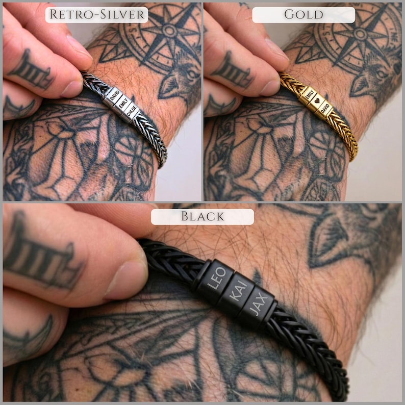 May include: Braided bracelets in retro-silver, gold, and black. Each bracelet features personalized name beads. The retro-silver bracelet has the names David, Emily, and Chloe. The gold bracelet has the names Emily and David. The black bracelet has the names Leo, Kai, and Jax.