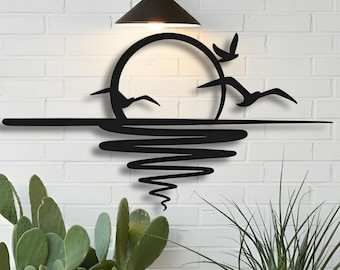 Arte mural de metal para exteriores con sol y pájaro