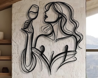 Decoración de pared de metal con diseño de mujer vinícola, arte lineal con copas de vino