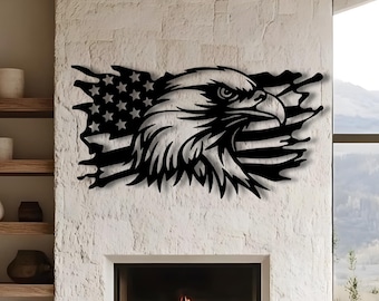 Decoración de pared metálica con forma de águila americana, decoración con la bandera de EE. UU., letrero grande para sala de estar.