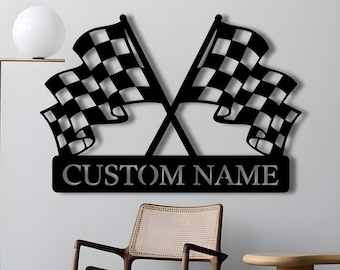 Arte de pared de metal con bandera de carreras personalizada, letrero de corredor con bandera a cuadros