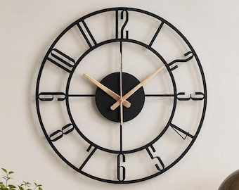 Reloj de pared grande de metal, decoración moderna con números romanos, mecanismo silencioso.