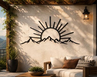 Cuadro de metal "Amanecer en la montaña", decoración minimalista para exteriores.