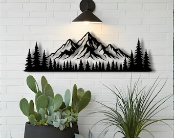 Decoración de pared metálica con diseño de bosque de montaña, letrero de acero con vista de paisaje para el hogar, arte de pared para exteriores