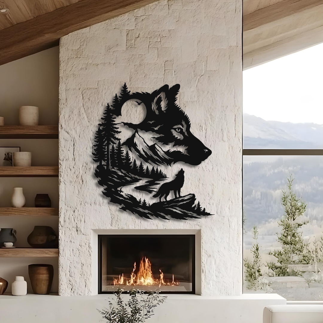 Tree Mountain and Wolf Head Metal Wall Art, Moon and River Home Decor ...
