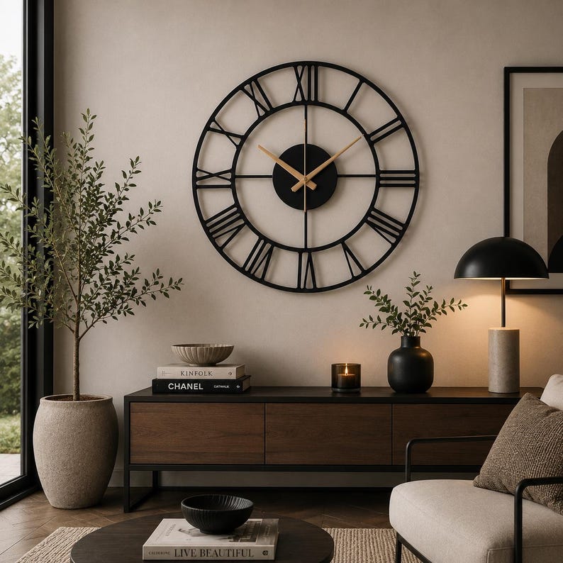 May include: A large, circular wall clock featuring a black metal frame with Roman numerals and thin, light-colored wooden hands. The clock has a central black circular hub and an open-work design that displays the wall color through the frame.