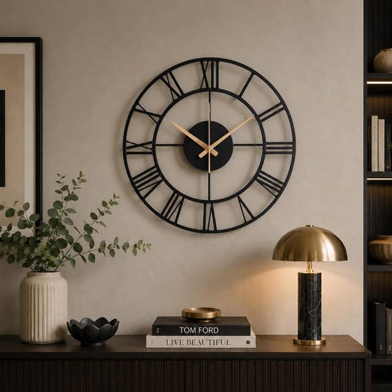 Roman Numeral Modern Decor, Large Metal Wall Clock, Silent Mechanism