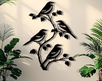 Adorno de pared de metal con pájaros en una rama, regalo para amantes de las aves, decoración natural para el hogar.