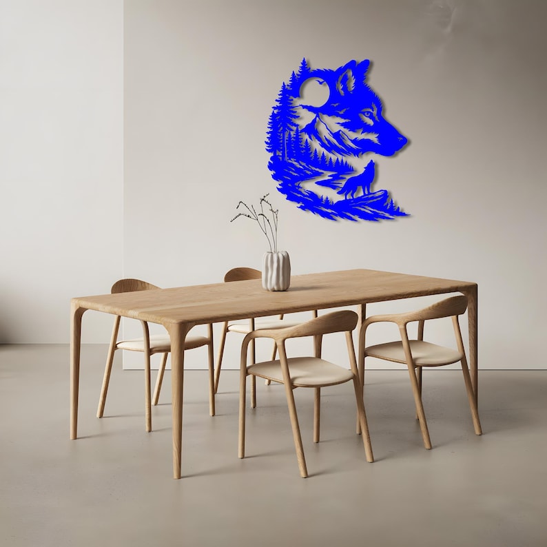 Tree Mountain and Wolf Head Metal Wall Art, Moon and River Home Decor ...