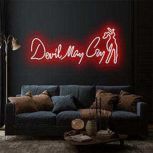 May include: A red neon sign reading "Devil May Cry" in a cursive script, accompanied by a figure outline. The sign is fixed to a dark wall above a dark blue sofa with cushions. A floor lamp and coffee table are visible in the room.