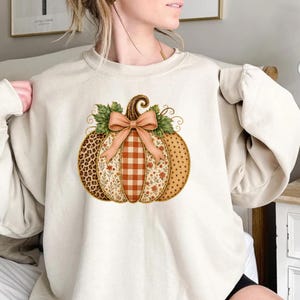 Floral Fall Pumpkin Sweatshirt, Faux Patchwork Thanksgiving Sweater, Checkered Pumpkin Hoodie, Autumn Womens Gift