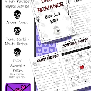 May include: A printable Dark Romance Book Club Guide with themed activities, answer sheets, and cocktail recipes. The design features skulls, hearts, and the text "Dark Romance Book Club Guide" on a purple and white background.