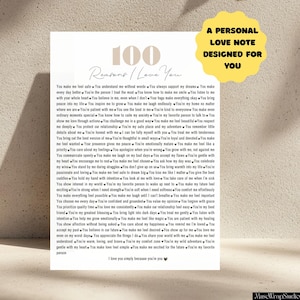 Op de afbeelding: Een gepersonaliseerde liefdesbrief met de tekst "100 Redenen Ik Hou Van Jou" op een witte achtergrond. De brief is ontworpen voor een geliefde en bevat een lijst met redenen. Een gele banner bovenaan luidt "Een Persoonlijke Liefdesbrief Ontworpen Voor Jou."