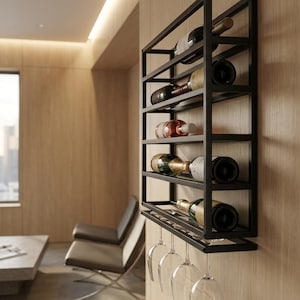 May include: A rectangular black metal wall-mounted wine rack featuring five horizontal shelves for storing wine bottles and a bottom rack with slots for hanging stemware. The structure is open-framed and holds several bottles of wine and glass stems.