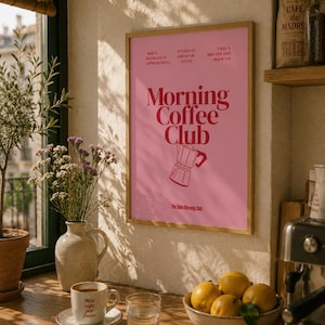 Morning Coffee Club Print Pink, Digital Download, Coffee Art Wall Decor, Girly Kitchen Print, Printable Poster, Instant Download