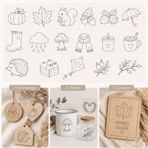 Colgantes de otoño en formato SVG y DXF con licencia comercial | Archivo láser con motivos otoñales | Archivo para grabado en plotter | Colgantes de madera con forma de calabaza, erizo, seta y hojas